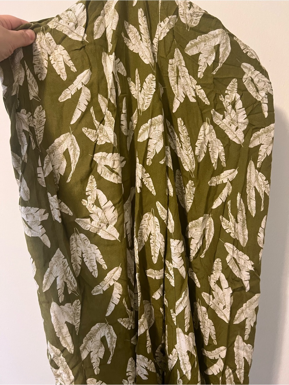 Olive Green Wide Leg Pants with White Leaf Print